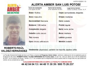 La Fiscalía General activó una Alerta Amber para la localización de Roberto Raúl Valdez Hernández de 16 años de edad