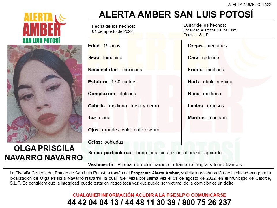 Con la finalidad de localizar a una adolescente de 15 años de edad, de nombre Olga Priscila Navarro Navarro, la Fiscalía activó Alerta Amber.