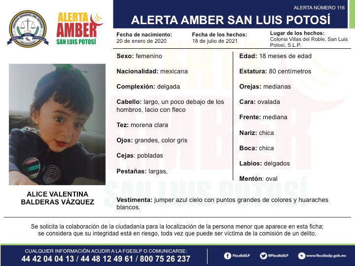 La Fiscalía General del Estado de San Luis Potosí (FGESLP), activó una Alerta Amber, para la localización de una menor de 18 meses de edad