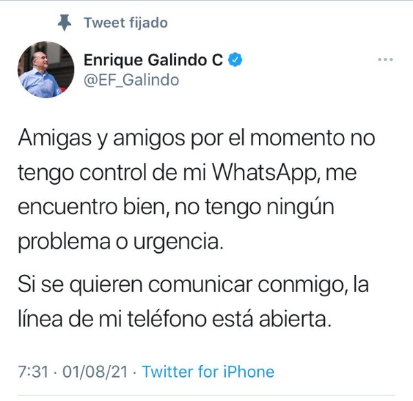 Galindo Ceballos, denunció a través de sus redes sociales un presunto intento de extorsión mediante la plataforma de WhatsApp
