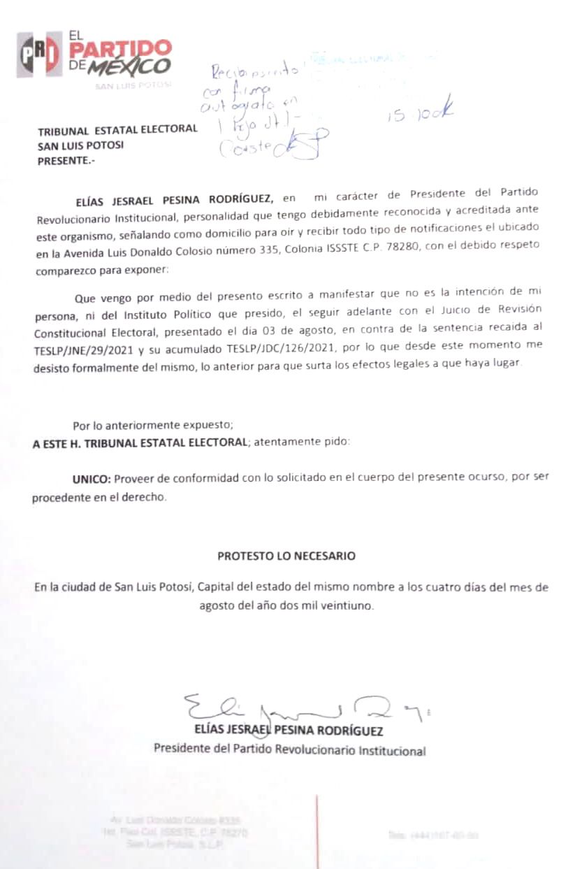 Presidente del PRI en el Estado, envió un oficio de desistimiento al TESLP en torno a la impugnación de la elección de gobernador