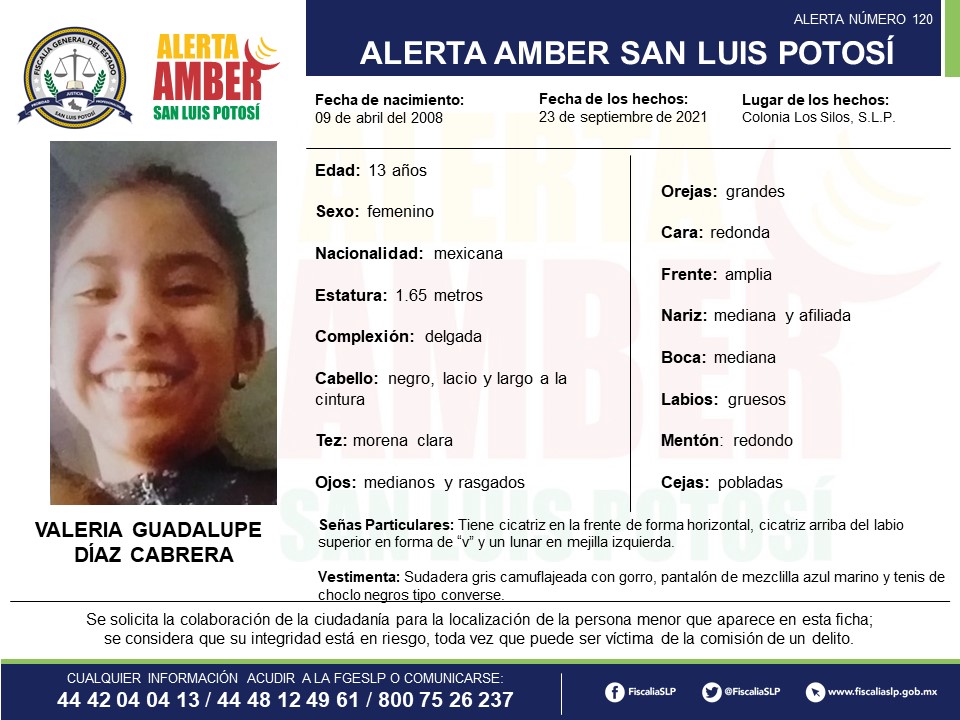 FGESLP activó una Alerta Amber para la localización de una menor de 13 años de edad, de nombre Valeria Guadalupe Díaz Cabrera