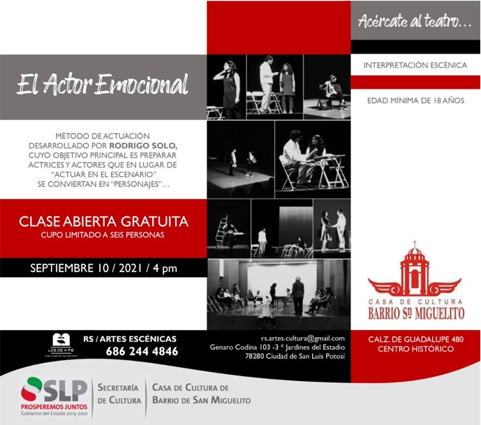 SECULT invita al público interesado a participar en una clase abierta gratuita, sobre interpretación escénica “El actor emocional”