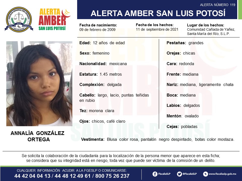 Fiscalía activó una Alerta Amber para la localización de una menor de 12 años de edad, de nombre Annalía González Ortega
