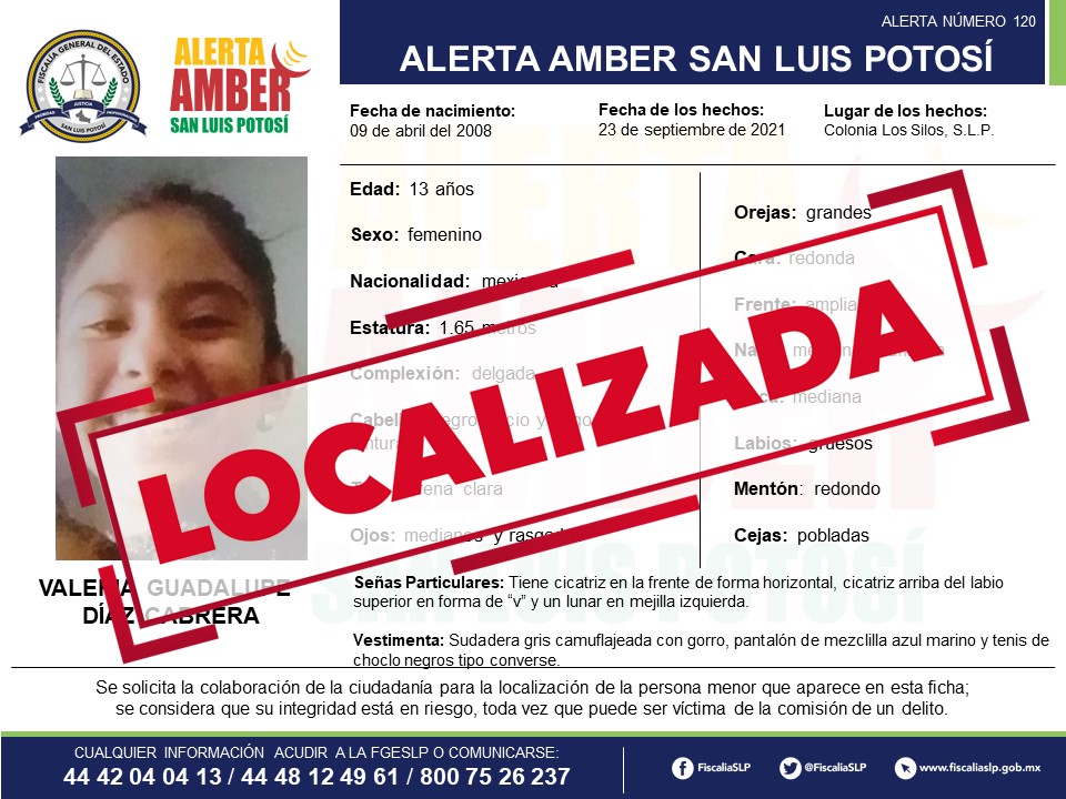 FGESLP localizó a Valeria Guadalupe Díaz Cabrera, quien contaba con una Alerta Amber que se activó el 27 de septiembre de 2021