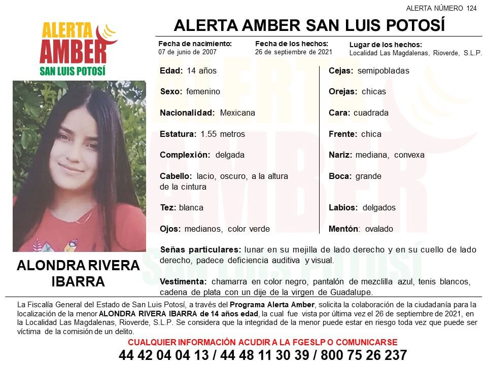 La Fiscalía General del Estado de San Luis Potosí, activó una Alerta Amber para la localización de Alondra Rivera Ibarra de 14 años de edad