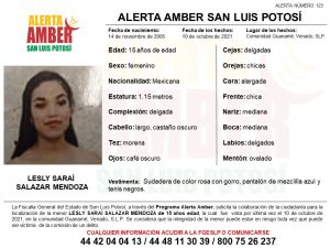 FGESLP, activó una Alerta Amber para la localización de una adolescente de 15 años de edad, de nombre Lesly Saraí Salazar Mendoza