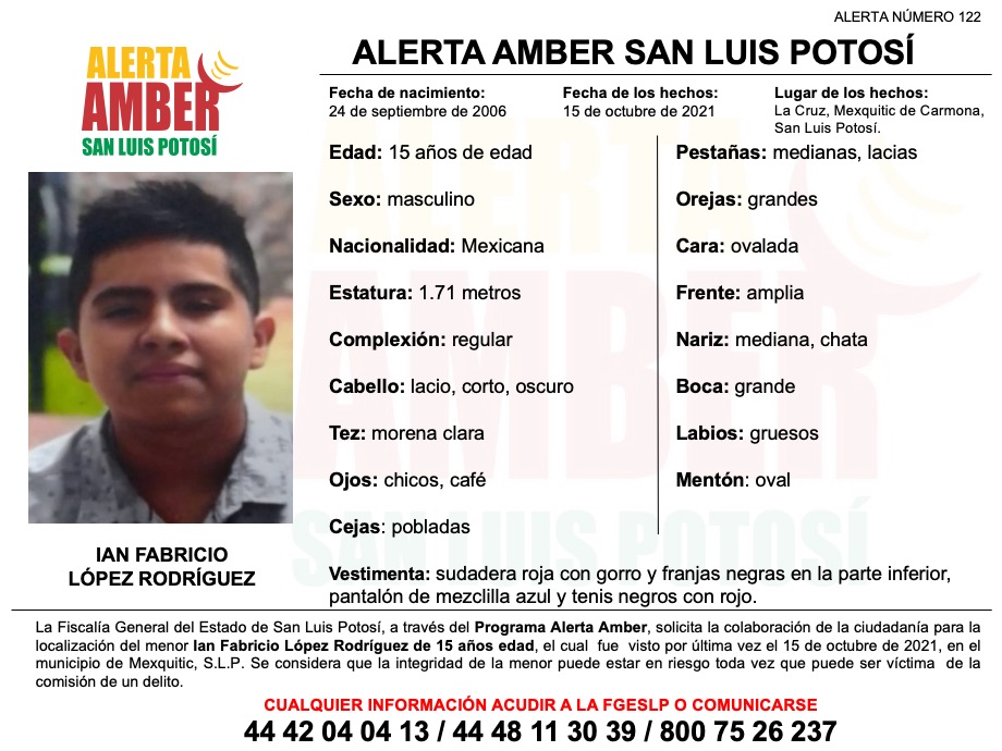 Con el propósito de dar con el paradero de un menor de 15 años precedente de Mexquitic, FGESLP activó una Alerta Amber para su pronta localización.
