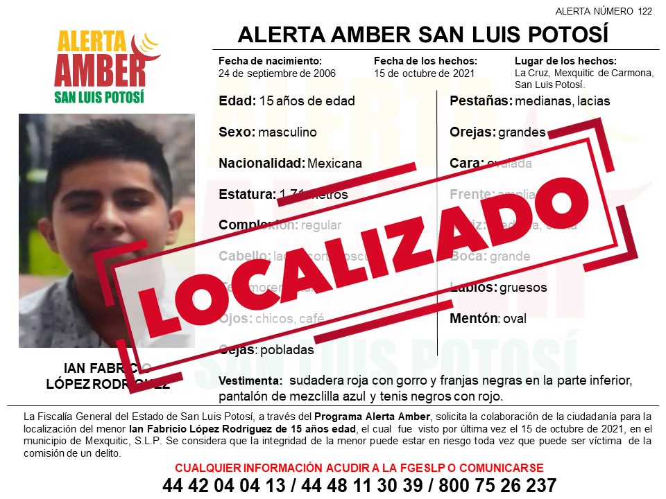 Se logró la localización de un menor de 15 años que era buscado desde el día de ayer 16 de octubre en Mexquitic de Carmona.