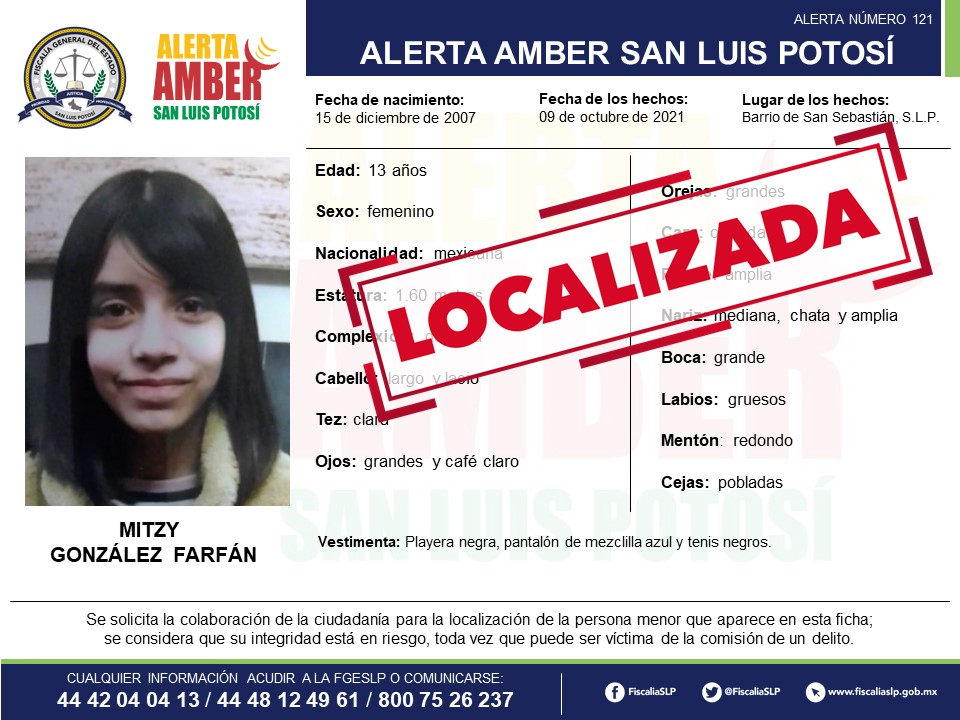 FGE DE SLP LOCALIZA A ADOLESCENTE CON ALERTA AMBER