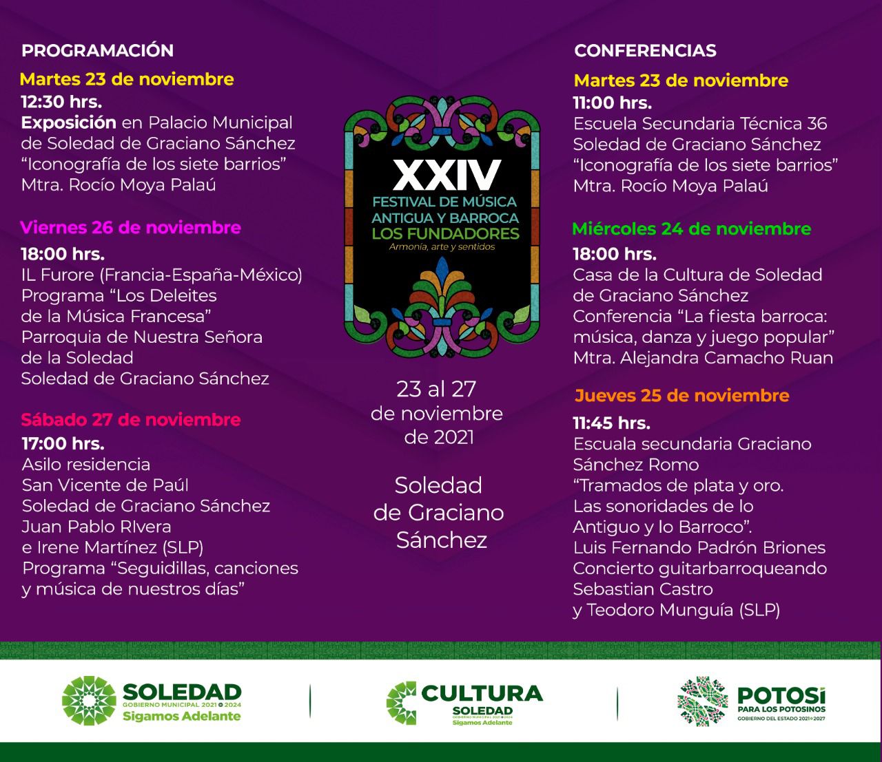 Ayuntamiento de Soledad invita al público para que asistan al vigésimo cuarto Festival de Música Antigua y Barroca “Los Fundadores”, que organiza la SECULT