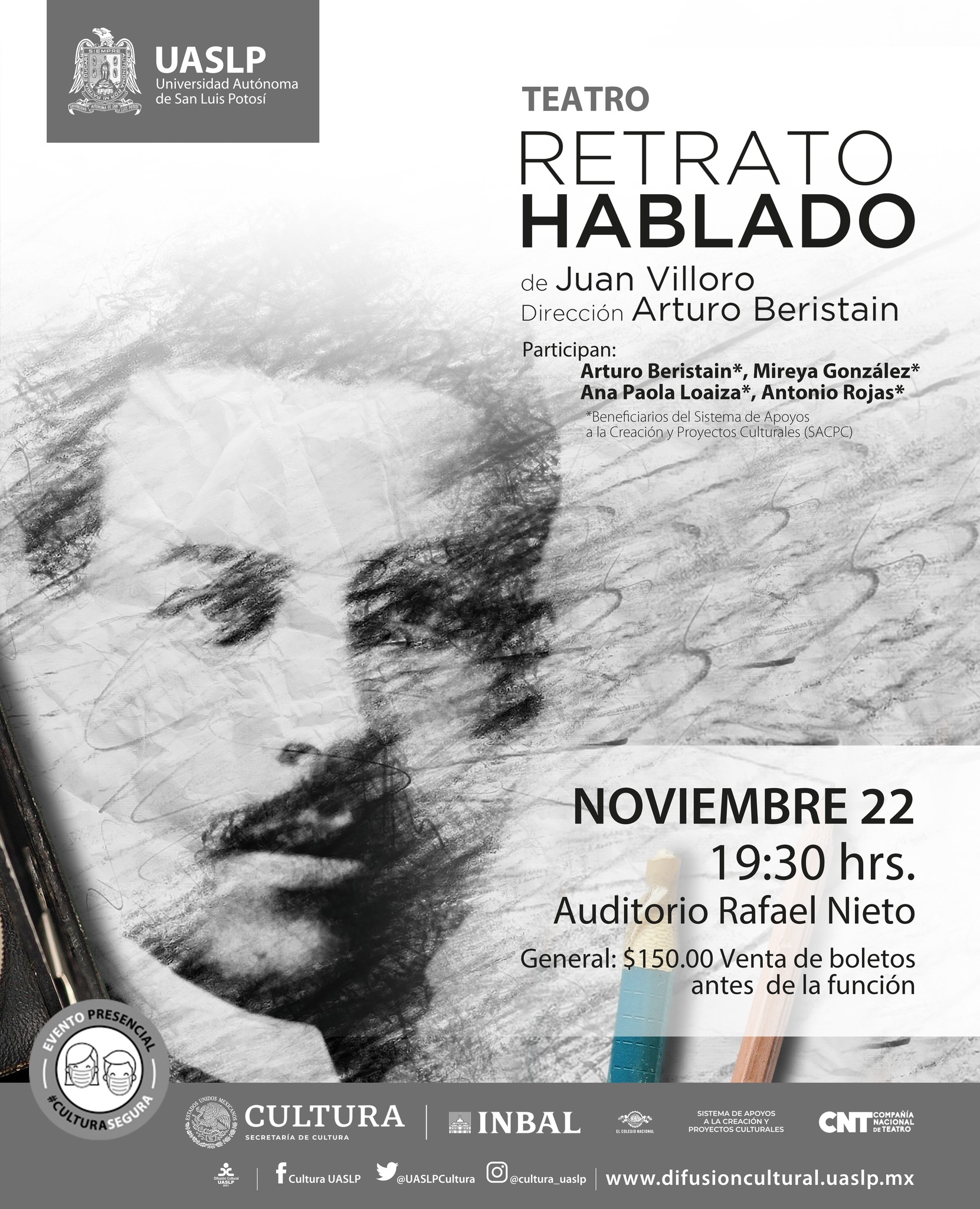 Presentarán la obra de teatro “Retrato hablado”, el próximo lunes 22 de noviembre a las 19:30 hrs. en el Auditorio “Rafael Nieto”.