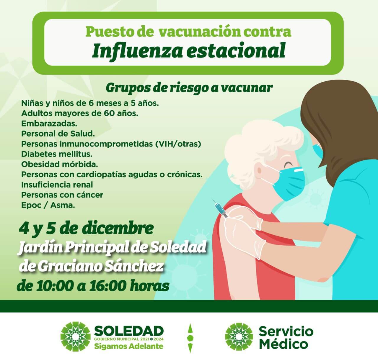 La Plaza Principal de Soledad de Graciano Sánchez será sede de la próxima campaña de vacunación contra la influenza