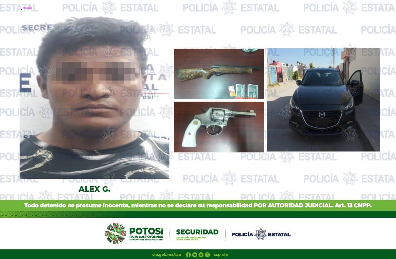 Policía Estatal efectuaron la detención de Alex por la presunta posesión de un vehículo con reporte de robo, un rifle de madera, etc...