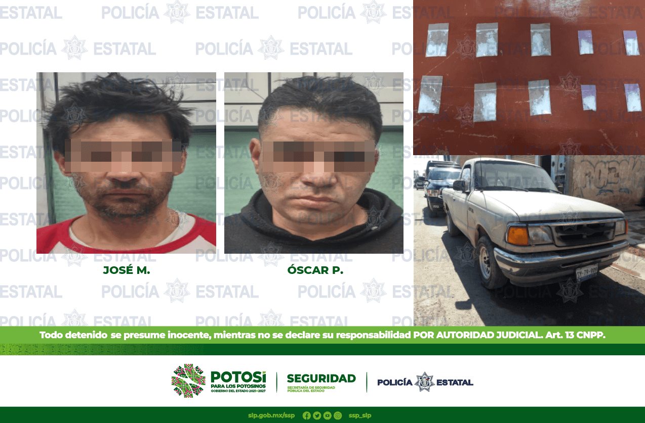 Policías Estatales detuvieron a dos masculinos por los presuntos delitos de posesión de vehículo robado y droga.