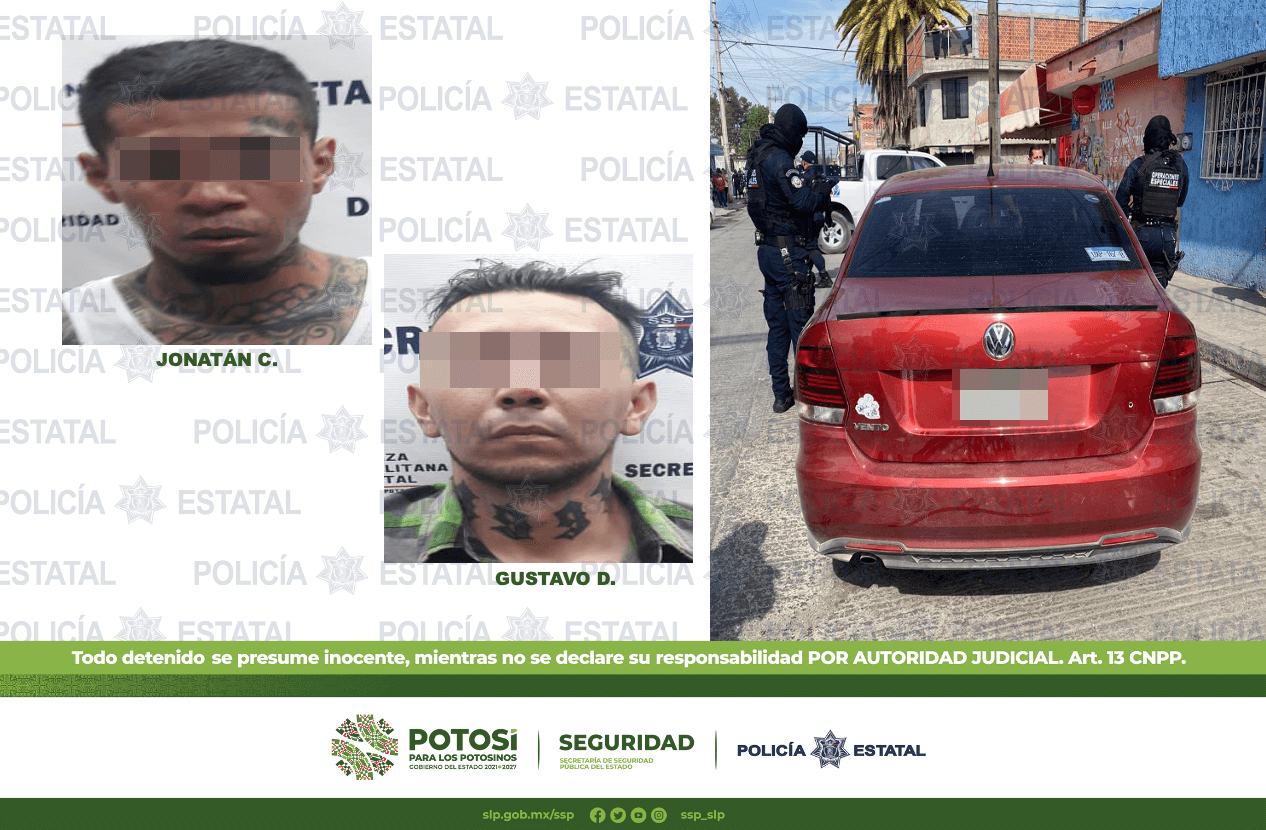 Por los presuntos delitos de ataque peligroso, portación de arma de fuego y posesión de vehículo con reporte de robo, 2 fueron detenidos