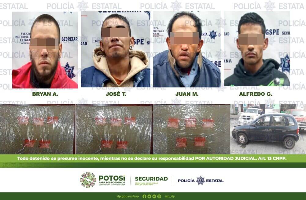 Estatales detuvieron a siete hombres por el presunto delito de posesión de droga, quienes además tripulaban unidades con reporte de robo