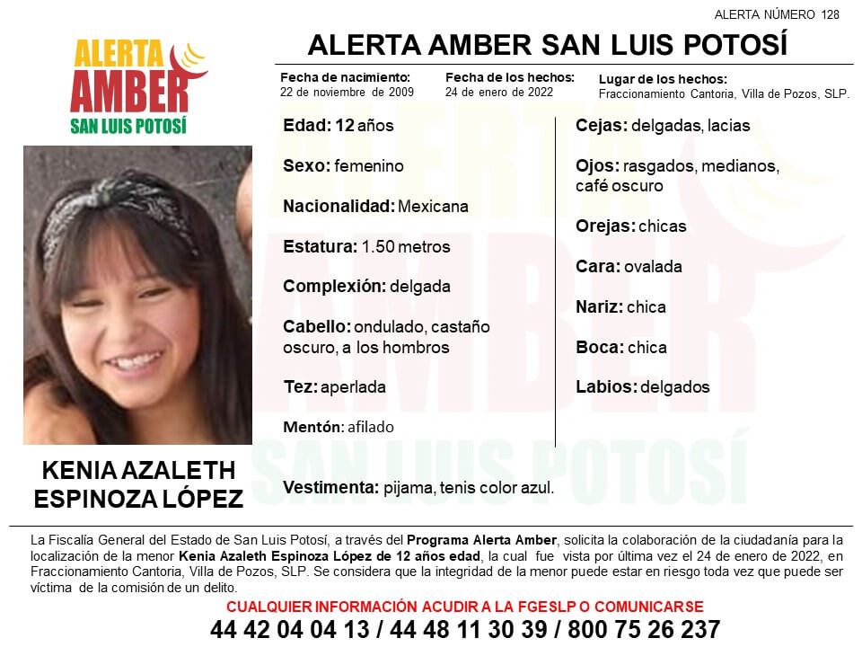 FGESLP activó una Alerta Amber para la localización de una menor de 12 años de edad, de nombre Kenia Azaleth Espinoza López