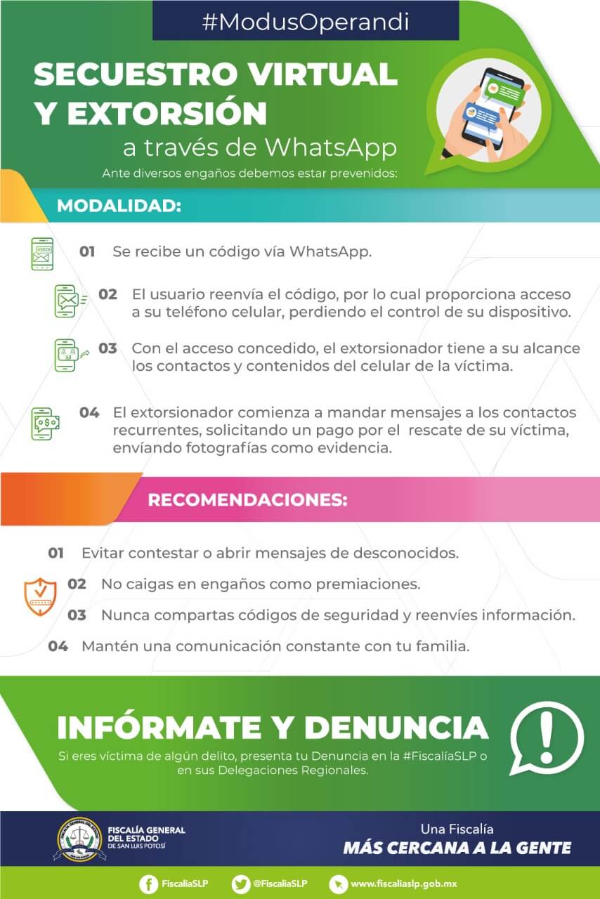 FGESLP alerta a ciudadanía sobre extorsiones y secuestros virtuales los cuales se realizan a través de aplicaciones de mensajería.