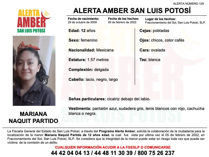 FGESLP activó una Alerta Amber para la localización de una menor de 12 años de edad, de nombre Mariana Naquit Partido