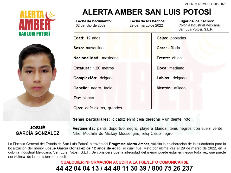 Fiscalía General del Estado de San Luis Potosí (FGESLP) activó una Alerta Amber para un niño de 12 años de edad