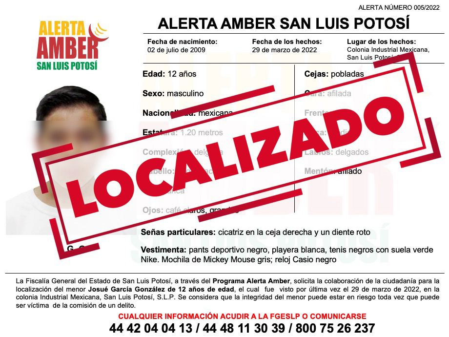 FISCALÍA LOCALIZA A NIÑO DE 12 AÑOS QUE TENÍA ALERTA AMBER EN SLP