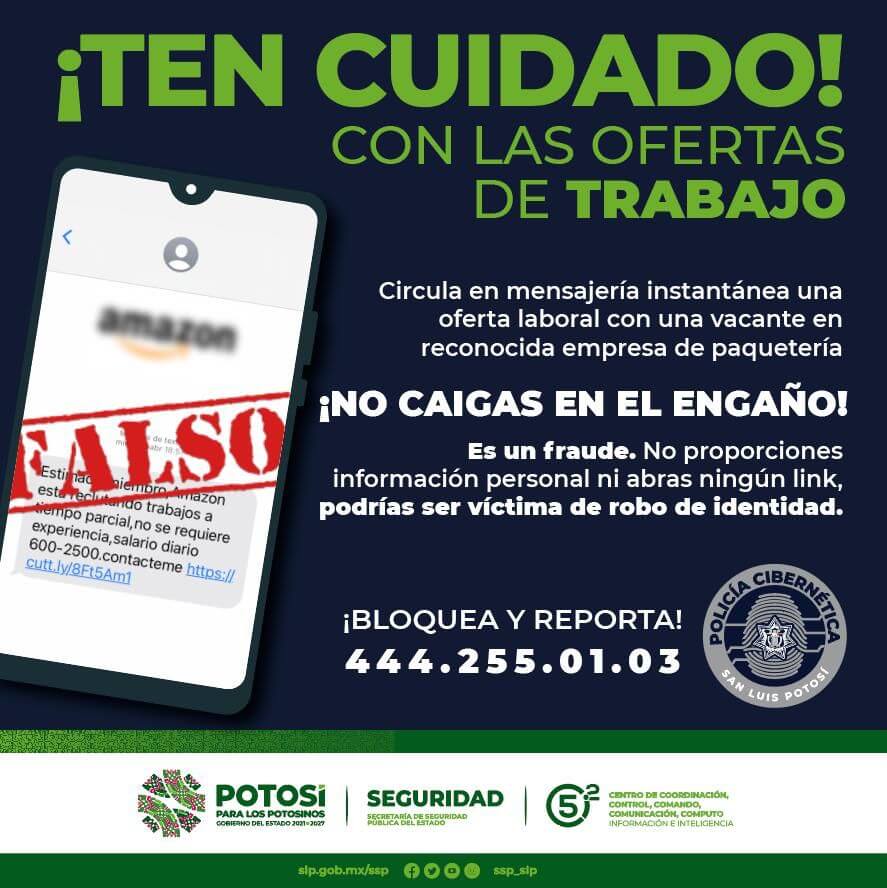 Policía Cibernética de San Luis Potosí, alerta a la ciudadanía a no dejarse sorprender por falsas ofertas de trabajo