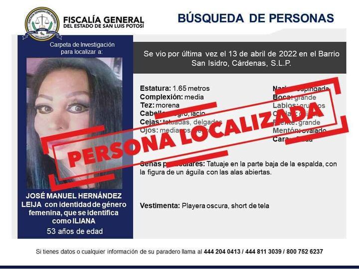FGE informó que fue localizada sana y salva, una persona con identidad femenina de 53 años de edad en el municipio de Cárdenas