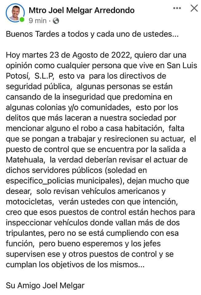 Joel Melgar Arredondo se atrevió a criticar el modelo de seguridad y justicia que aplica actualmente San Luis Potosí