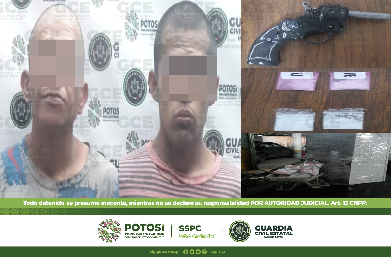 Dos hombres fueron detenidos por los presuntos delitos de robo, posesión de droga y portación de un arma de fuego hechiza.
