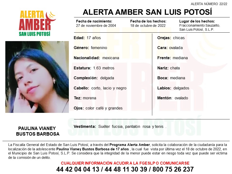 FGE activó una Alerta Amber para la pronta localización de una adolescente de 17 años de edad en la ciudad