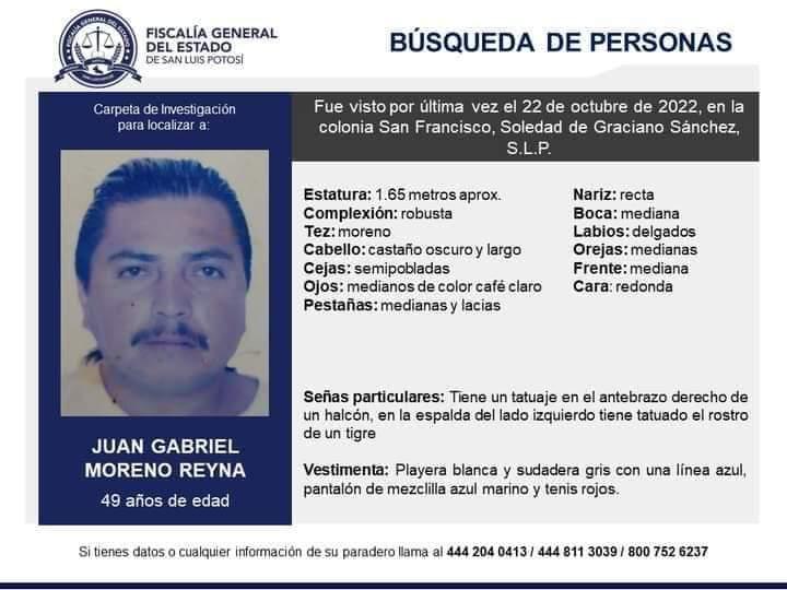 FGE mantiene activa una ficha de búsqueda para encontrar a Juan Gabriel Moreno Reyna, de 49 años de edad