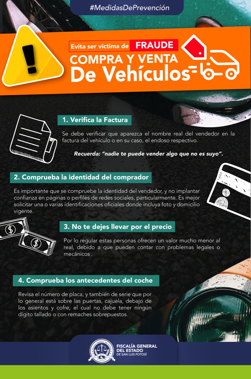 Fiscalía General del Estado (FGE) alerta a la población sobre la compra y venta de automóviles de forma irregular en San Luis Potosí