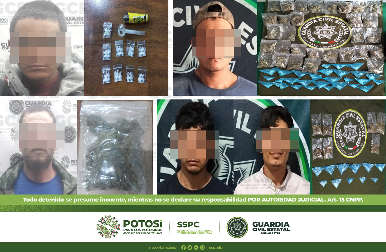 Agentes de la Guardia Civil Estatal (GCE) detuvieron a 5 presuntos narcomenudistas y aseguraron 100 dosis de estupefacientes.