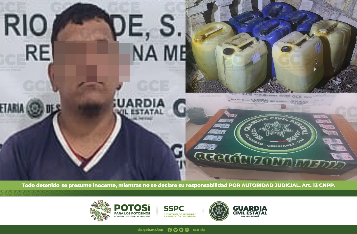 GCE efectuaron la detención de un hombre por el probable delito de resguardo ilegal de hidrocarburos, al asegurarle 400 litros.