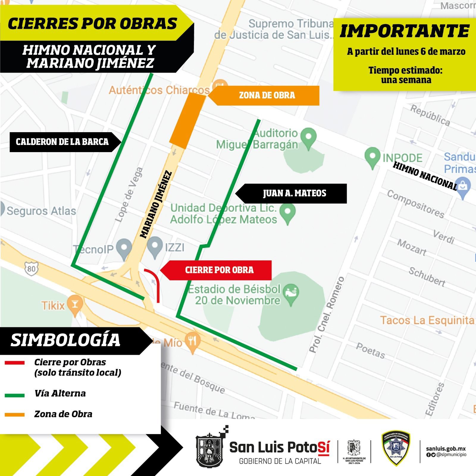 Se llevará a cabo el cierre de circulación temporal en los carriles de Mariano Jiménez, desde Salvador Nava con dirección a Himno Nacional.