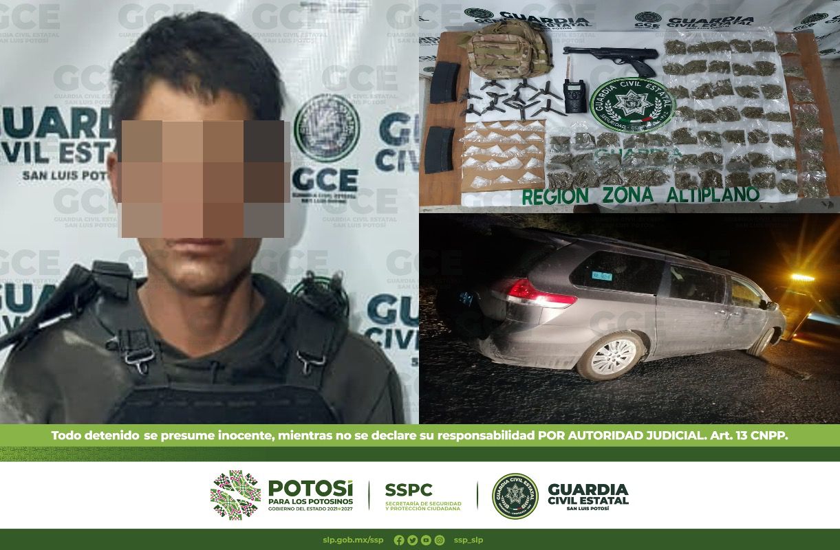 Detienen a objetivo criminal con equipo táctico, droga y “poncha llantas”