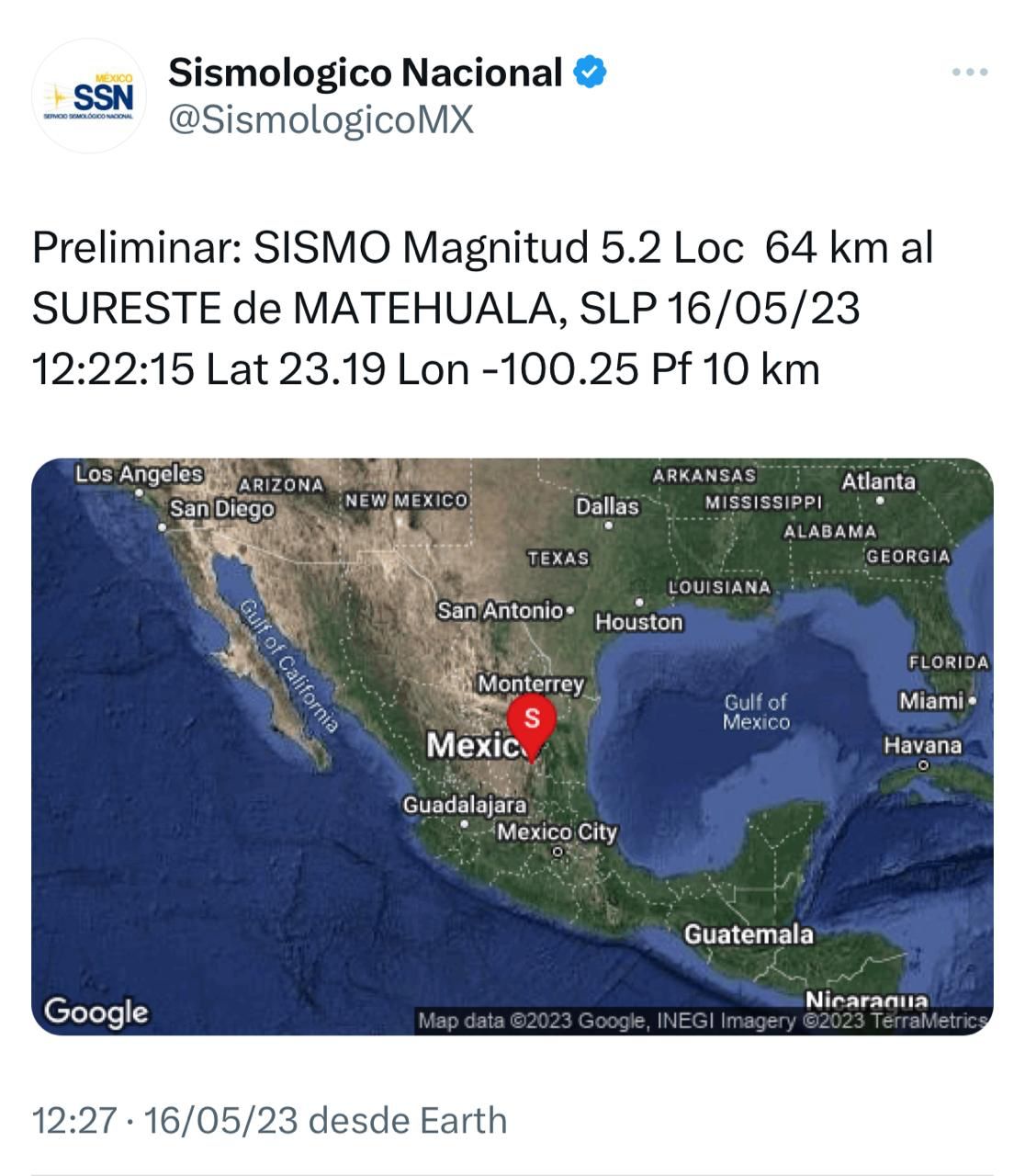 El sismo de 5.2 grados en la escala de Richter con epicentro en Guadalcázar se percibió en las zonas Altiplano y Centro.