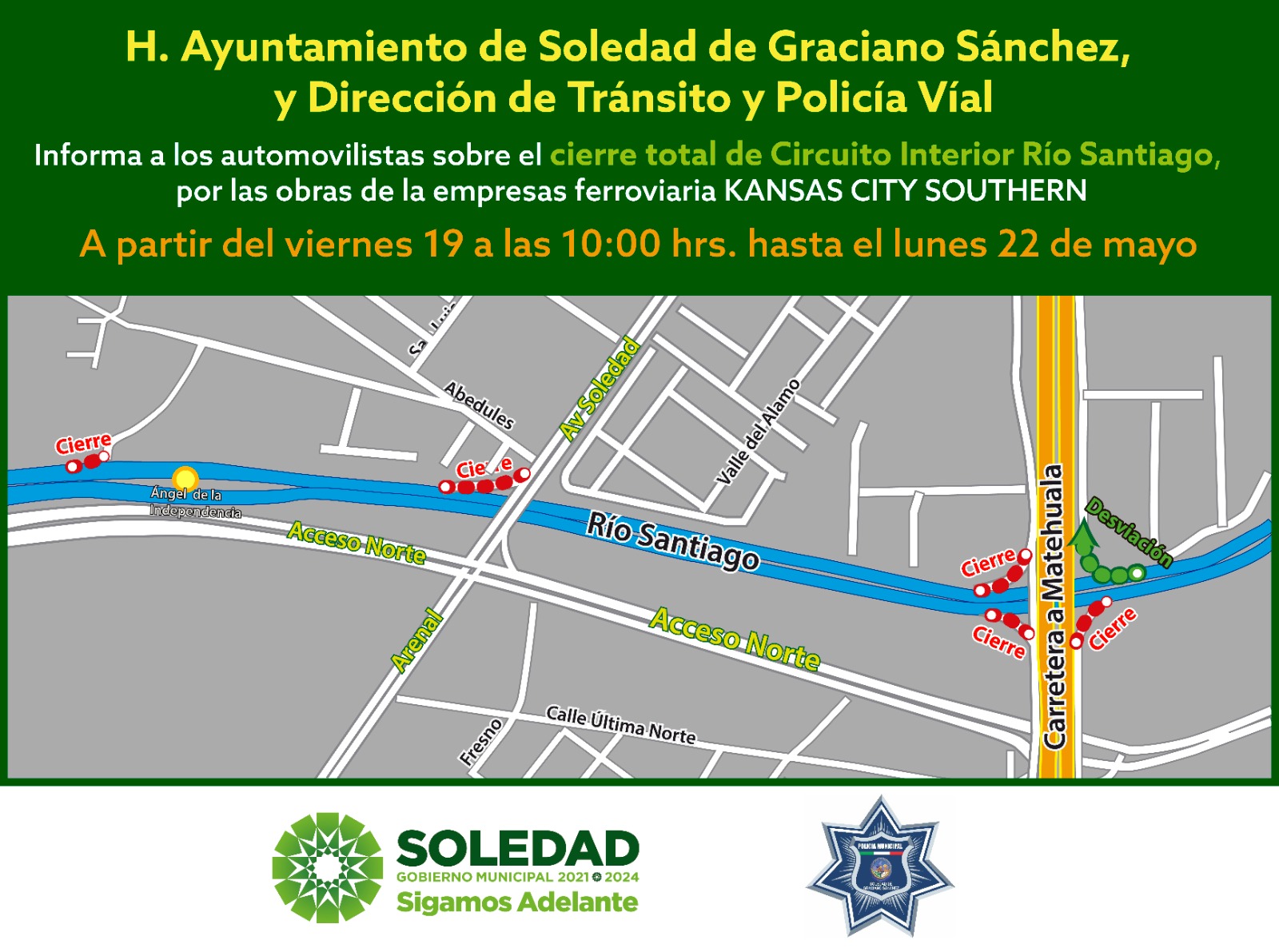 POR MANIOBRAS, SE CONFIRMA CIERRE VIAL EN EL RÍO SANTIAGO A PARTIR DEL VIERNES: TRÁNSITO Y POLICÍA VIAL DE SOLEDAD