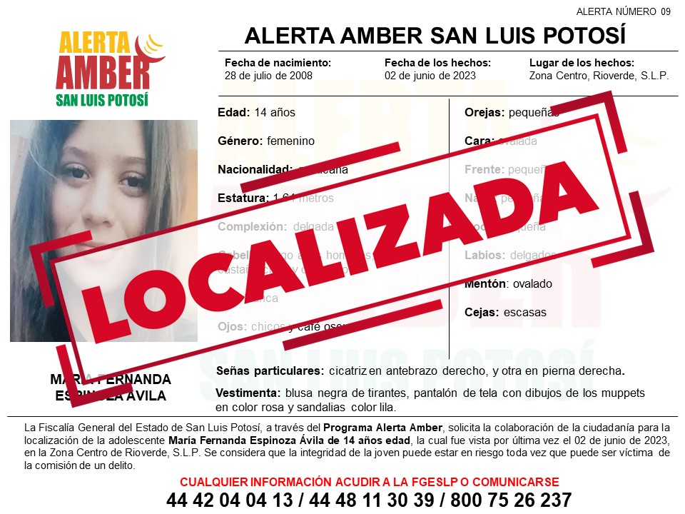 La Fiscalía General del Estado de la San Luis Potosí (FGESLP) ubicó a María Fernanda Espinoza Ávila de 14 años de edad