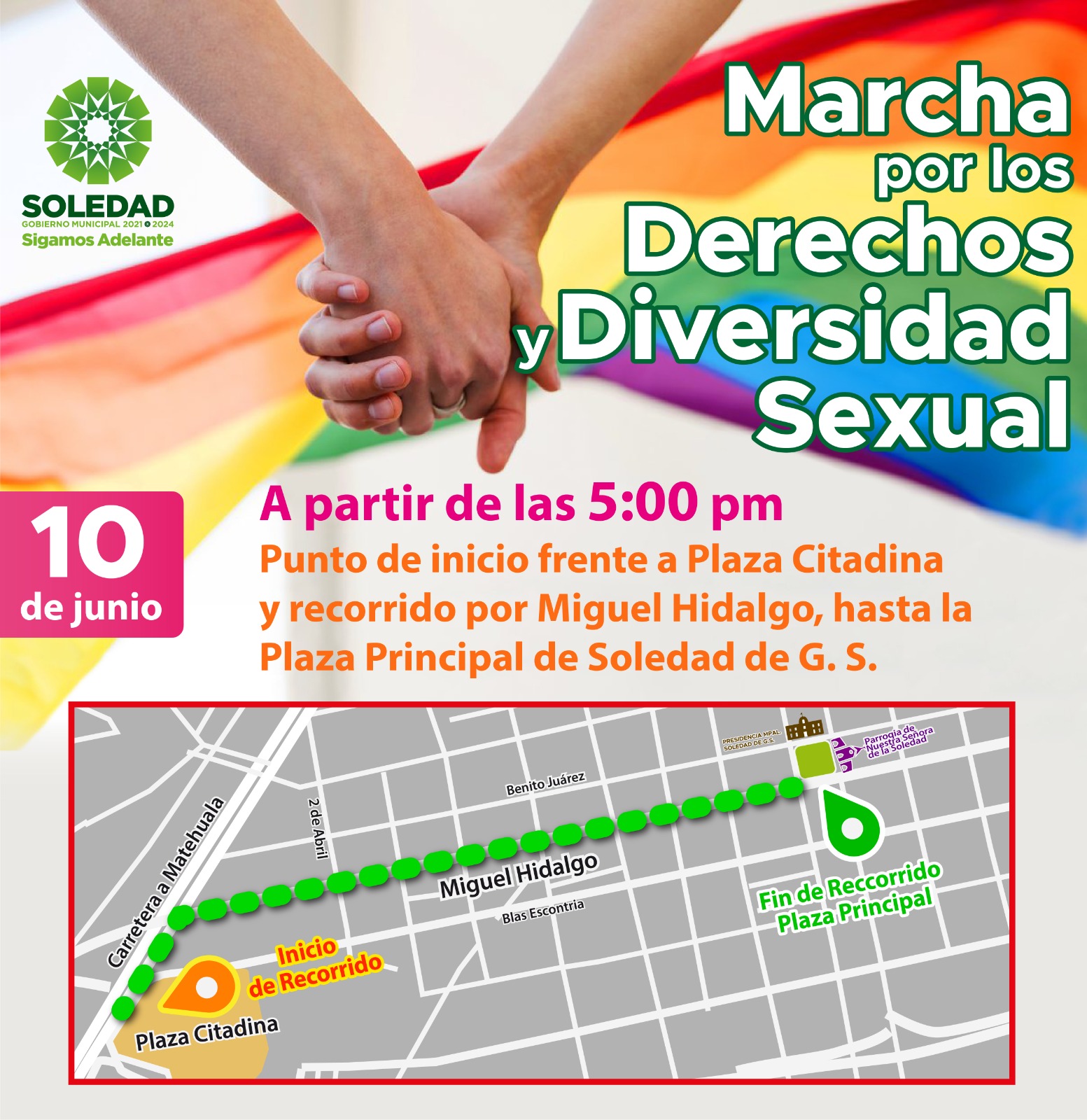 Ayuntamiento de Soledad de Graciano Sánchez invita a la población en general a ser parte de la Marcha por los Derechos y la Diversidad Sexual