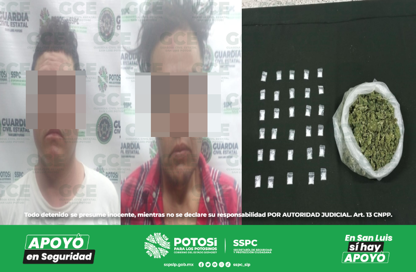 Oficiales de la GCE adscritos a la División Caminos, aseguraron más de medio kilo de marihuana y detuvieron a dos presuntos narcomenudistas.