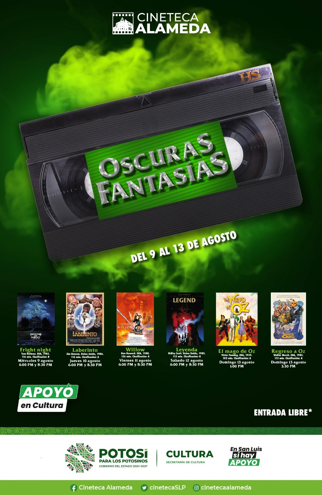 Del 9 al 13 de agosto del 2023, la Casa del Cine Potosino invita a disfrutar “Oscuras Fantasías”, un ciclo de terror de los años 80’s