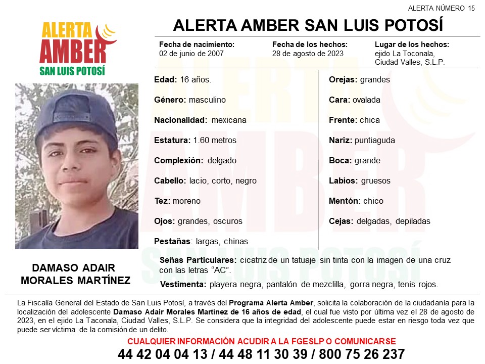 En Ciudad Valles, es buscado mediante Alerta Amber el adolescente Dámaso Adair Morales Martínez
