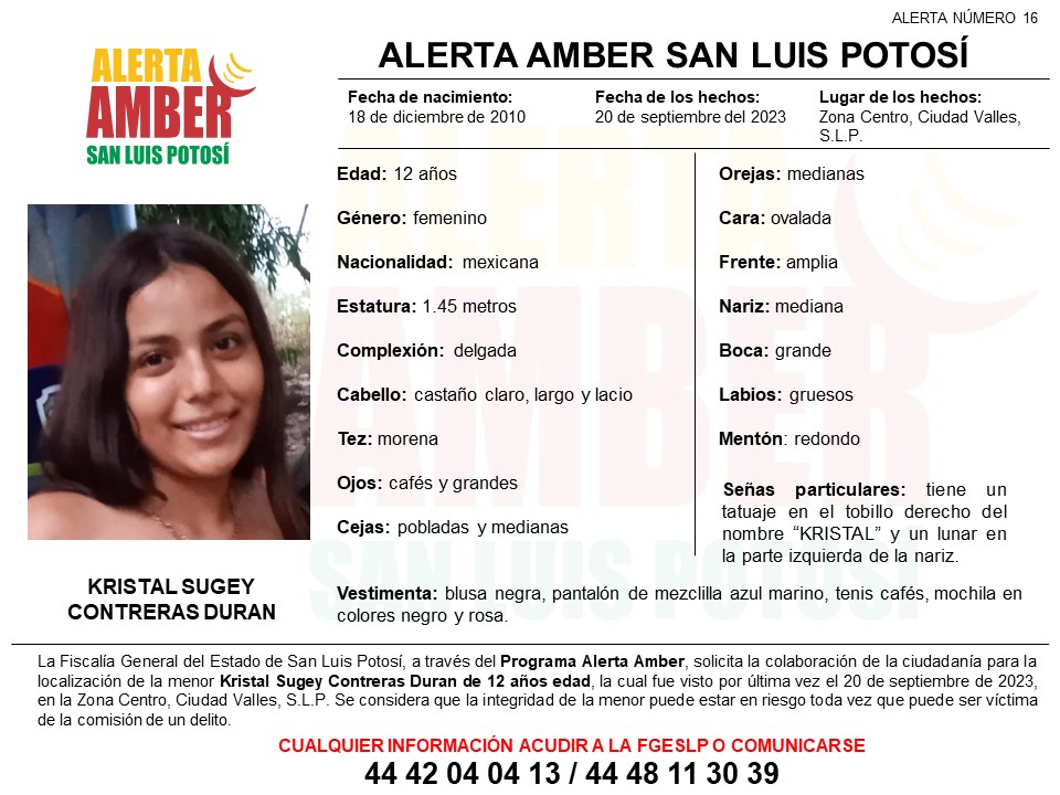 La Fiscalía de SLP activó una Alerta Amber para localizar a una adolescente de 12 años de edad en Ciudad Valles