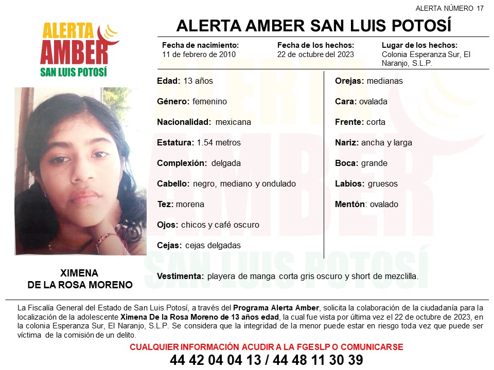 FGESLP activa una Alerta Amber para localizar a una adolescente de 13 años de edad en el municipio de El Naranjo.
