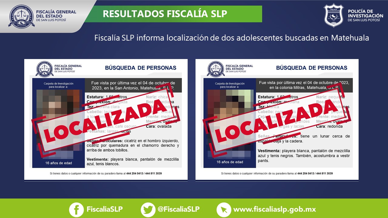 FGESLP informa sobre la localización de dos adolescentes que eran buscadas en Matehuala a partir de ayer, 4 de octubre de 2023.