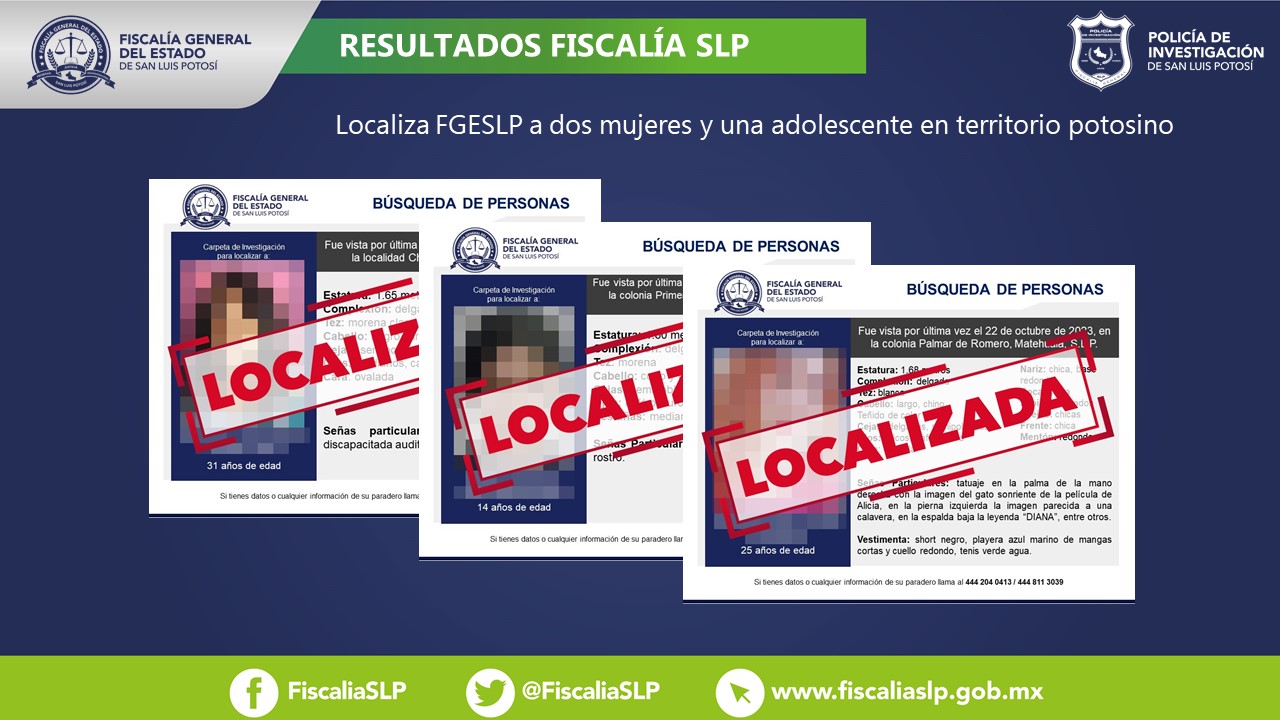 La Fiscalía General del Estado de San Luis Potosí (FGESLP) informó que se consiguió la localización de tres personas en territorio potosino.