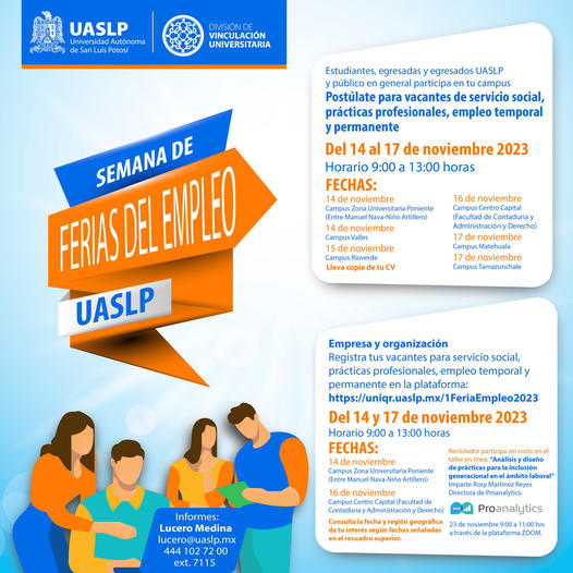 La UASLP llevará a cabo del 14 al 17 de noviembre de 2023, la Semana de Ferias del Empleo UASLP