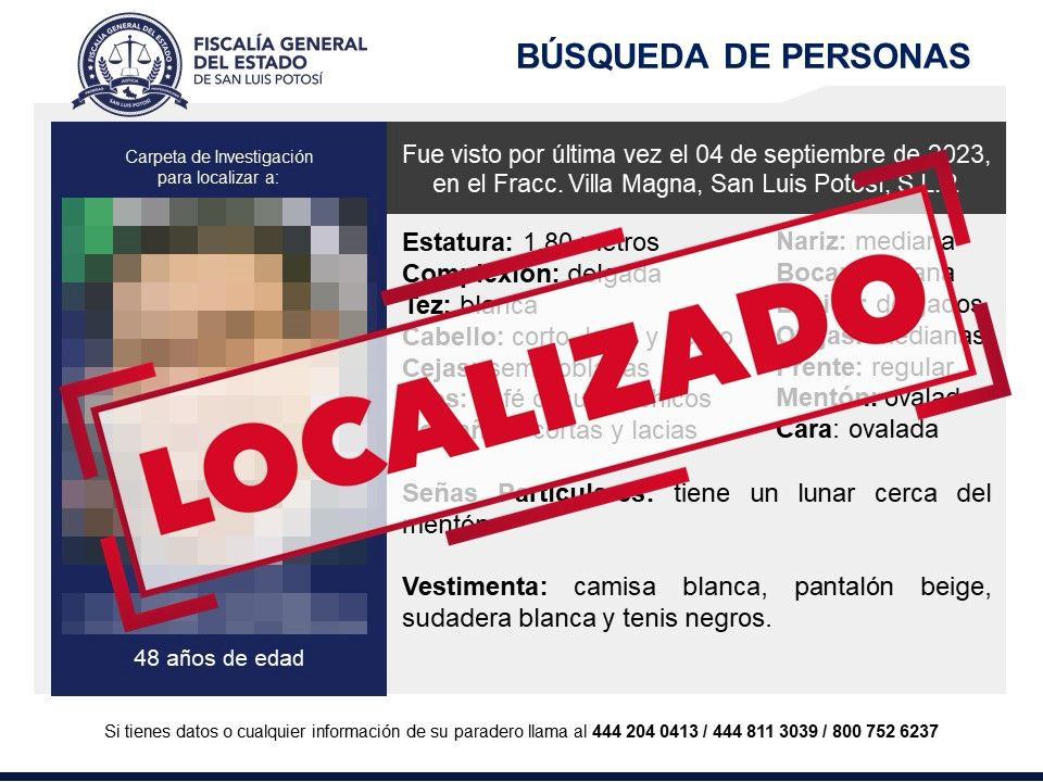 FGESLP informó la localización de César, un ejecutivo de 48 años que era buscado en la capital del Estado.